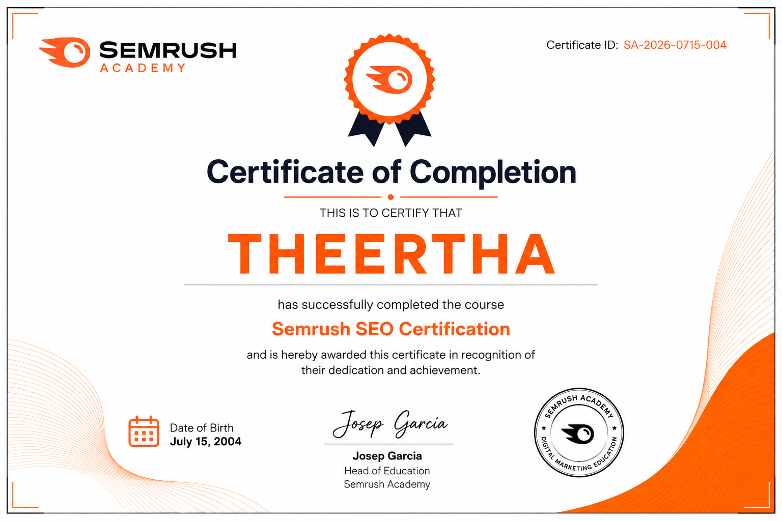 SAMRUSH CERTIFICATION